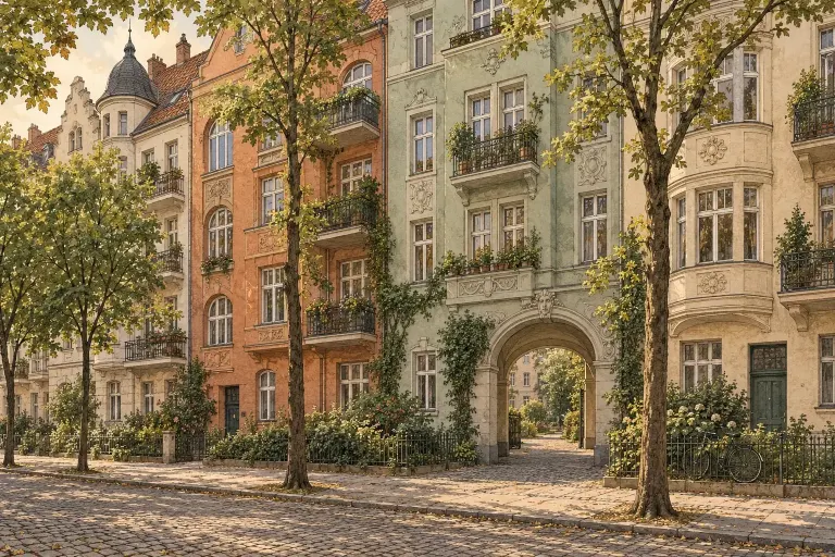 Imaginary Berlin-inspired apartment facades and courtyard entrance, shown as an illustration.