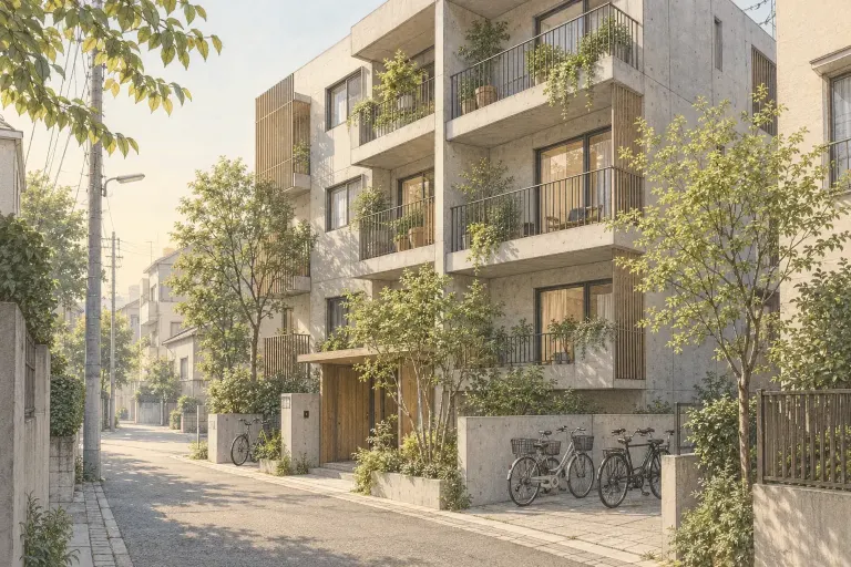 Architectural illustration of a fictional Japanese apartment street; not a real listing.